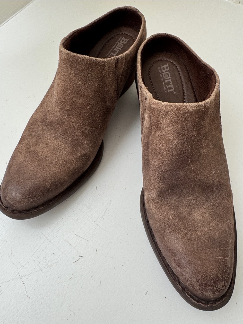 Born distressed brown leather slip-in heeled booties. 8.